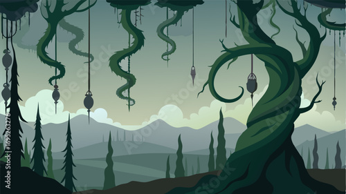 Coiled vines hang from the branches of the cypress trees shrouded in mist and adding to the tangled and mysterious landscape.