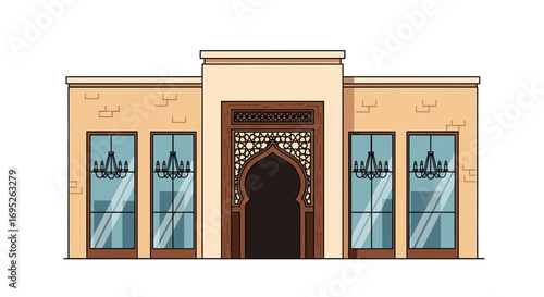 Stylized Building Facade with Islamic Archway and Chandeliers Vector Art
