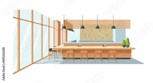 Stylish sushi bar interior with natural light and minimalist design