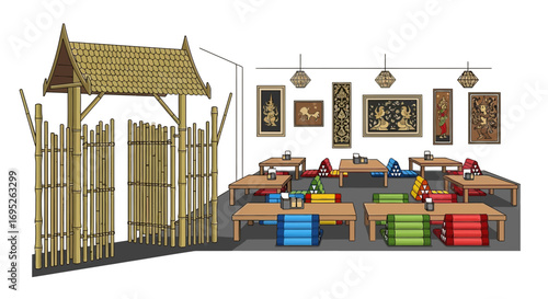 Stylized depiction of a serene Thai restaurant with traditional elements