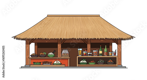 Traditional food stall with thatched roof offering diverse culinary delights