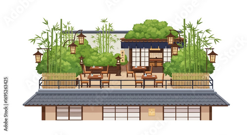 Traditional japanese restaurant facade, adorned with bamboo garden rooftop