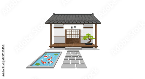 Traditional Japanese teahouse with koi pond and a bonsai tree at the door