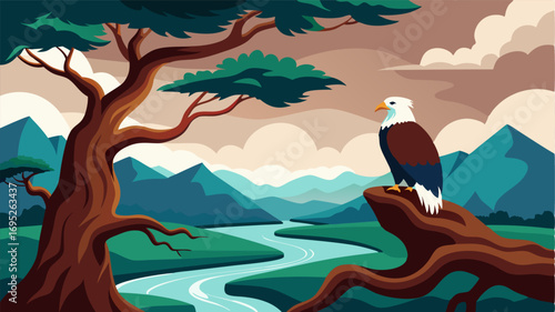In the distance a lone eagle perches atop a gnarled tree surveying its surroundings and adding a touch of majestic beauty to the wetland habitat.
