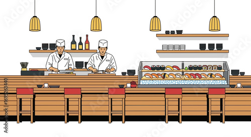 Traditional sushi restaurant interior scene with chefs preparing food
