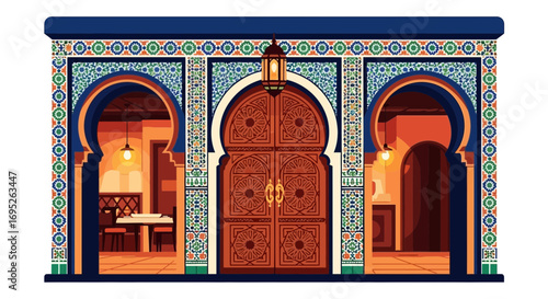 Traditional Moroccan architecture with ornate doors and tiled archways