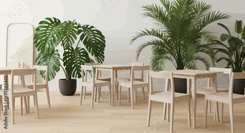 Tranquil indoor space with wooden tables, chairs and lush greenery plants
