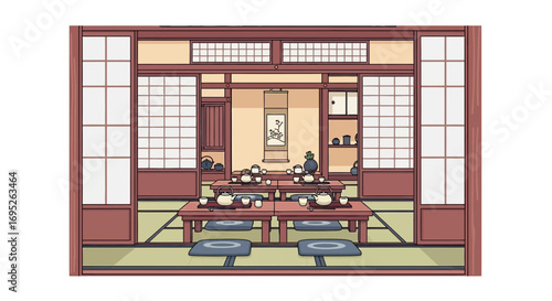 Tranquil japanese tea room interior design with tatami mats and shoji screens