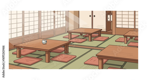 Tranquil Japanese tea room ambiance featuring traditional tatami flooring
