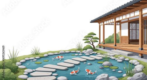 Tranquil Japanese Garden with Koi Pond and Traditional Architecture
