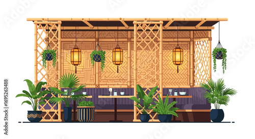 Tranquil Outdoor Dining Space with Bamboo and Tropical Greenery