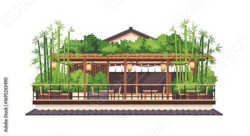 Tranquil terrace of a traditional japanese restaurant with bamboo decor