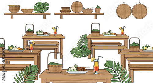 Tropical getaway illustration of outdoor dining with foods and refreshing drink