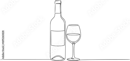 continuous line drawing bottle of wine with wineglass vector eps silhouette illustration isolated on white background 