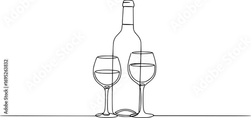 continuous line drawing bottle of wine with wineglass vector eps silhouette illustration isolated on white background 