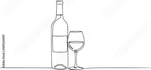continuous line drawing bottle of wine with wineglass vector eps silhouette illustration isolated on white background 