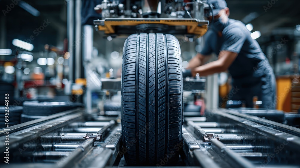 Fototapeta premium Car Tire Service with Precision Equipment in Auto Workshop
