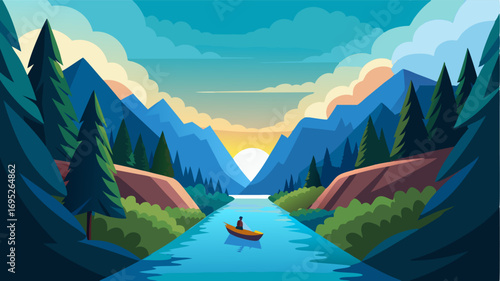 In the heart of the river valley a wide and calm stretch of water invites travelers to take a peaceful kayak ride a the natural beauty.
