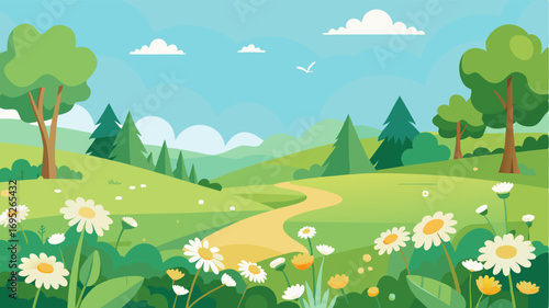 A sprawling meadow filled with daisies and dandelions perfect for kids to run and play while their parents relax and soak up the sunshine in the country park.