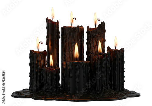 A group of dark, dripping candles with flickering flames against a Transparent background.