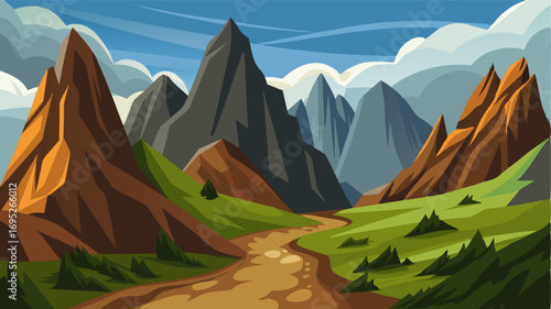 Experience the raw beauty of a rugged mountain range as you hike through a trail surrounded by towering rocks and steep cliffs.