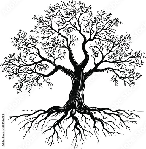Oak tree bold outline black line drawing with thick trunk and roots on plain white background 2
