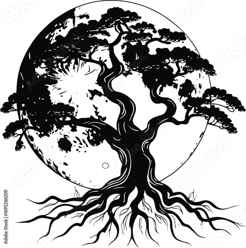 Tree with moon bold outline black line art with thick branches and roots on white background 2