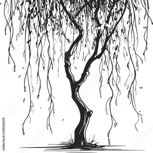 Willow tree bold outline black line art with hanging branches thick strokes clean design