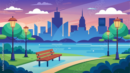 A serene harborfront park perfect for an evening stroll or a picnic with views of the city skyline and waterfront activities.