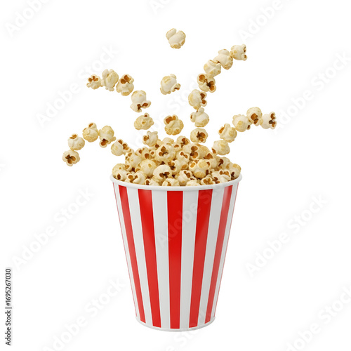 3d Classic popcorn bucket with flying kernels isolated on white