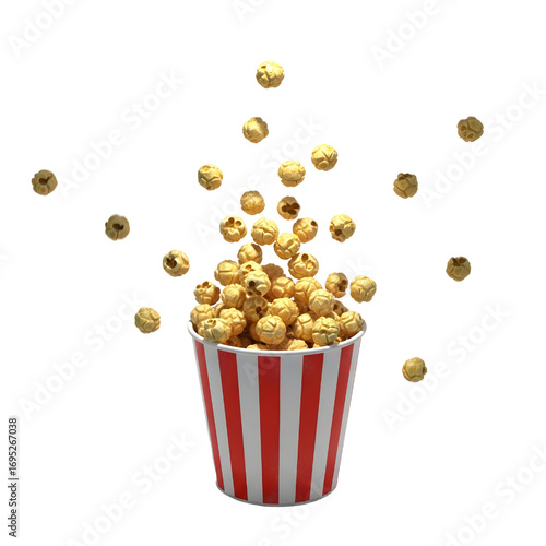 3d Classic popcorn bucket with flying kernels isolated on white
