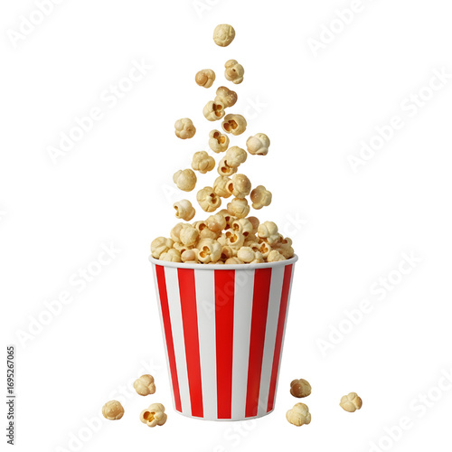 3d Classic popcorn bucket with flying kernels isolated on white