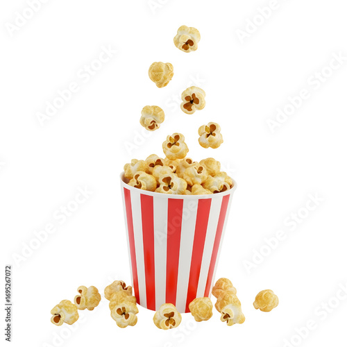 3d Classic popcorn bucket with flying kernels isolated on white