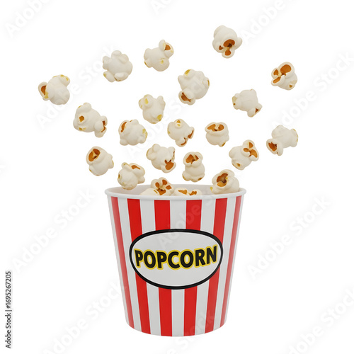 3d Classic popcorn bucket with flying kernels isolated on white