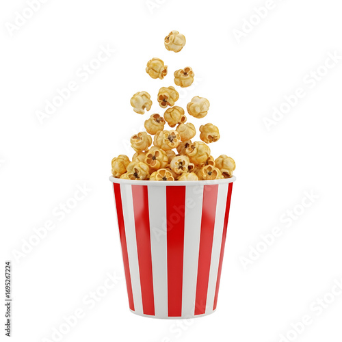 3d Classic popcorn bucket with flying kernels isolated on white