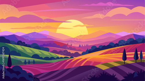 As the sun sets behind the hills the sky is painted in vibrant hues of pink purple and orange. The vineyard is bathed in a warm golden light the perfect setting for a romantic