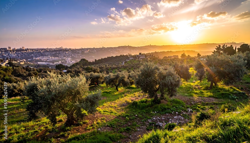 Naklejka premium Panoramic view of olive groves at sunset over a city