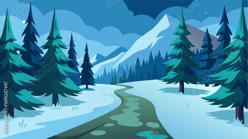 A snowy path winding through a dense pine forest inviting adventurers to explore its untouched beauty.