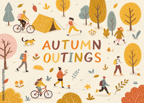Illustration of people enjoying outdoor activities like biking camping and walking during autumn season days