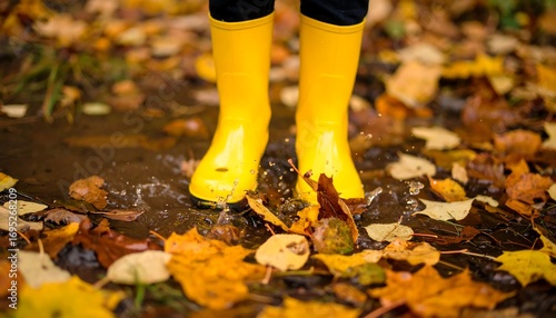 Child in Yellow Boots Splashing in a Puddle Surrounded by Autumn Leaves