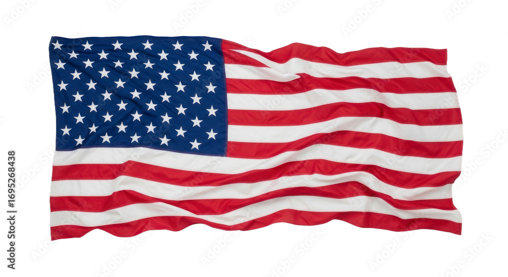 Fototapeta premium A vibrant, waving illustration of the American flag against a plain Transparent background, showcasing the rich colors and design elements.