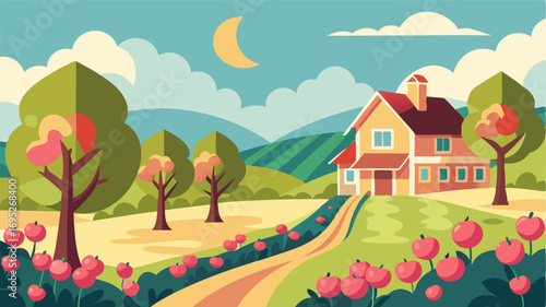 A sprawling apple orchard in full bloom with a charming farmhouse nestled a the trees.