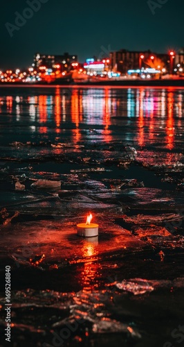 Illuminated city reflected on frozen water, with a candle flame.