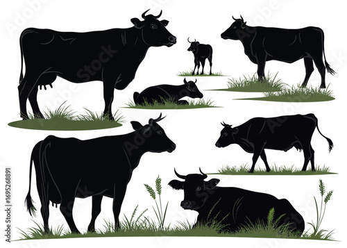 Silhouette illustration of several black cows standing and lying in a grassy field on white background