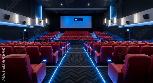 Empty modern cinema theater auditorium rows with glowing blue lights and large screen