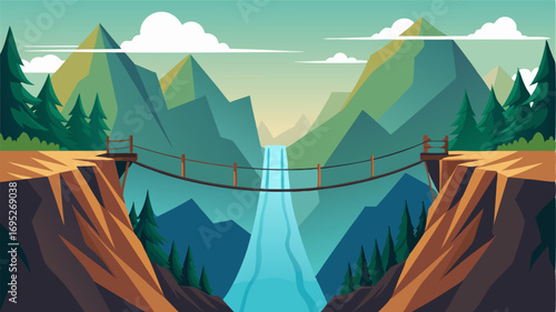 A suspension bridge stretching over a deep gorge leading to a secluded mountain hideaway offering the ultimate retreat from the world below.
