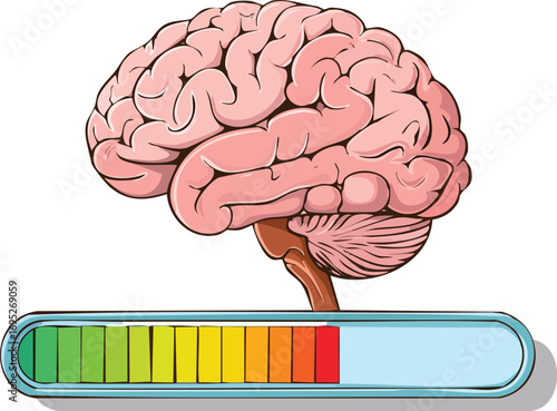 A human brain with a colorful loading or power bar underneath. A concept for mental health, creativity, knowledge, intelligence, and brainstorming. Generative AI