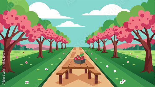 A serene scene of a quaint rural orchard with rows of cherry trees stretching towards the horizon and a charming wooden picnic table nestled a them.