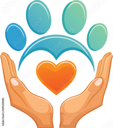 A caring logo with hands holding a heart and a paw print. A symbol for animal welfare, veterinary services, pet insurance, or rescue organizations. Generative AI