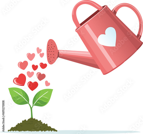 A watering can nurtures a plant with hearts instead of water, symbolizing love, growth, and care. A vector concept for relationships, charity, and kindness. Generative AI